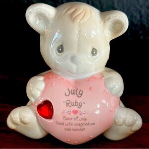 Vintage 1997 July Precious Moments Bear Piggy Bank Ruby Pink Heart Collectible